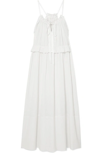 Shop Chloé Ruffled Jacquard-trimmed Silk-crepon Midi Dress In White
