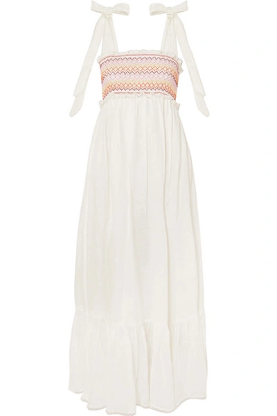 Shop Zimmermann Goldie Crochet-trimmed Smocked Linen Maxi Dress In Ivory