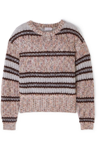 Shop Brunello Cucinelli Sequin-embellished Striped Chunky-knit Sweater In Lilac