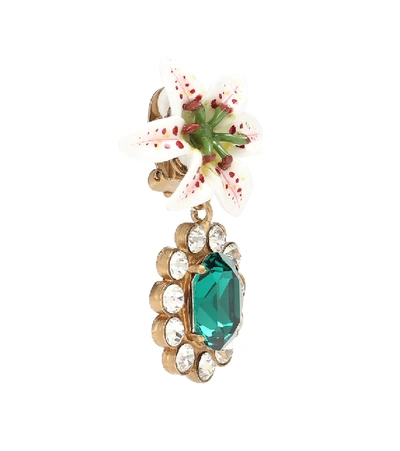 Shop Dolce & Gabbana Embellished Floral Clip-on Earrings In Green