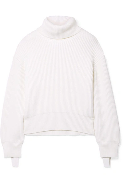 Shop Helmut Lang Oversized Canvas-trimmed Ribbed Wool And Cotton-blend Turtleneck Sweater In Ivory