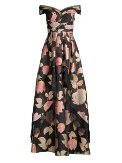 Shop Aidan Mattox Off-the-shoulder Floral Ball Gown In Black Multi
