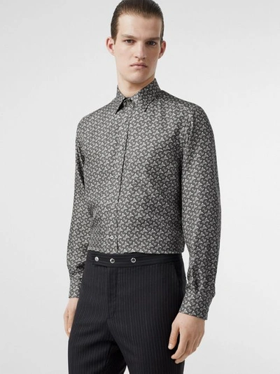 Shop Burberry Classic Fit Monogram Print Silk Twill Shirt In Mid Grey