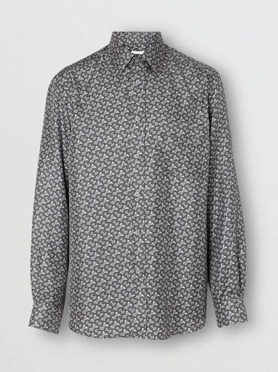 Shop Burberry Classic Fit Monogram Print Silk Twill Shirt In Mid Grey