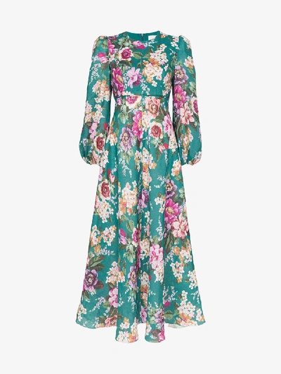 Shop Zimmermann Allia Floral Print Midi Dress In Emerald Floral