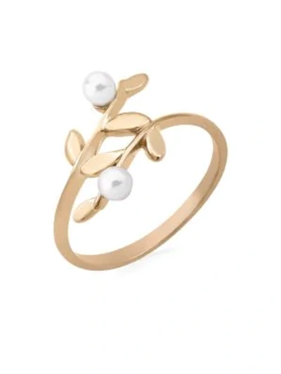 Shop Majorica Gold-plated Sterling Silver & Faux Pearl Leaf Ring In Goldtone