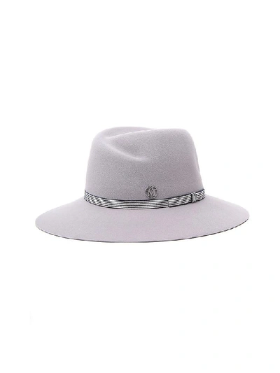Shop Maison Michel Striped Trim Panama Hat In Grey