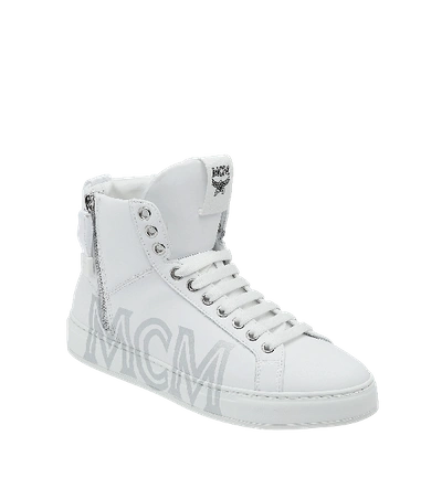 Shop Mcm Men's High Top Sneakers In Logo Leather In White