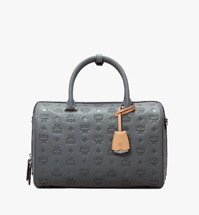 Shop Mcm Essential Boston Bag In Monogram Leather In Charcoal