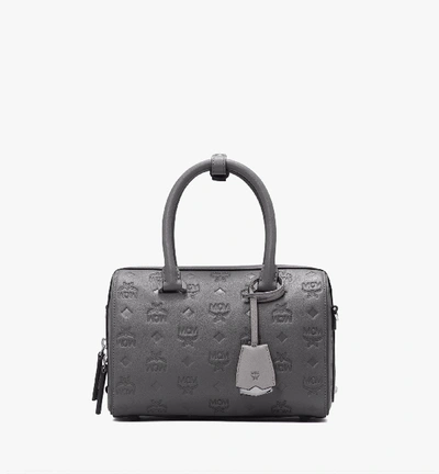 Shop Mcm Essential Boston Bag In Monogram Leather In Charcoal