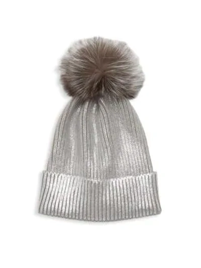 Shop Adrienne Landau Fox Fur Pom-pom Metallic Beanie In Silver