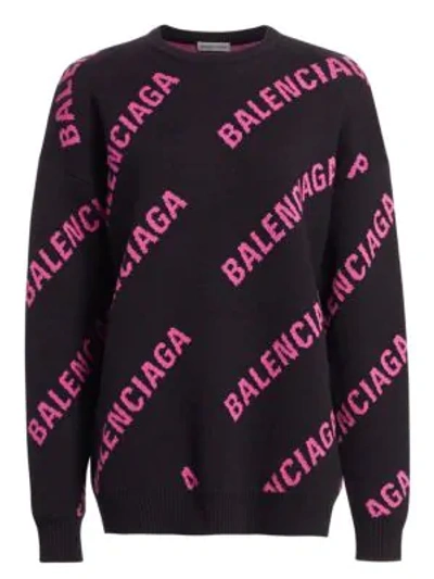 Shop Balenciaga Wool-blend Knit Logo Crewneck Jumper In Noir Rose