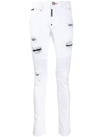 Shop Philipp Plein Distressed Biker Skinny Jeans In White
