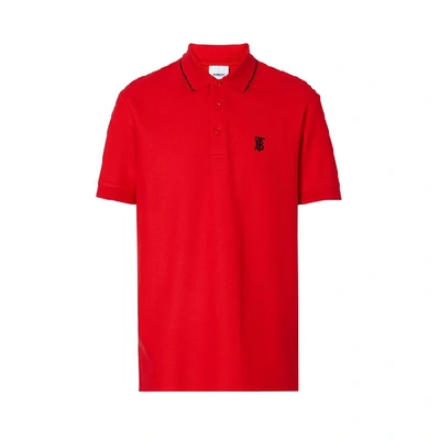 Shop Burberry Icon Stripe Placket Cotton Pique Polo Shirt In Bright Red