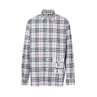 Shop Burberry Logo Print Check Cotton Oversized Shirt In Pale Blue Ip Check