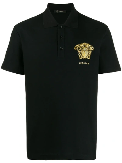 Shop Versace Embroidered Medusa Polo Shirt - Black