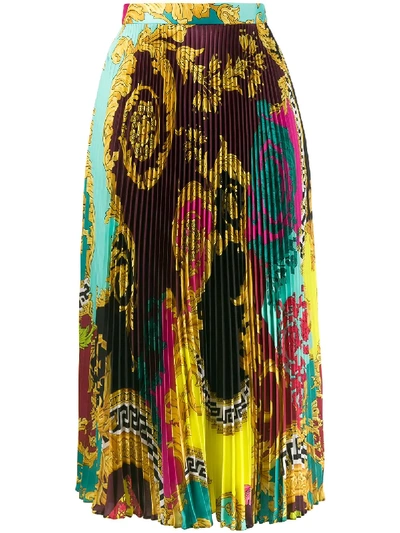 Shop Versace Baroque Printed Pleated Skirt - Green
