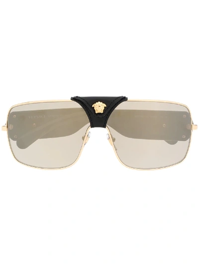 Shop Versace Leather Detail Sunglasses In Black