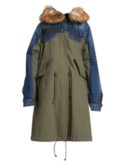 Shop Sacai Mixed Denim Faux-fur Trimmed Parka In Blue Khaki