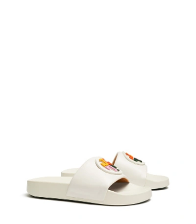 Shop Tory Burch Lina Colored-logo Slide In Ivory / Multi Color