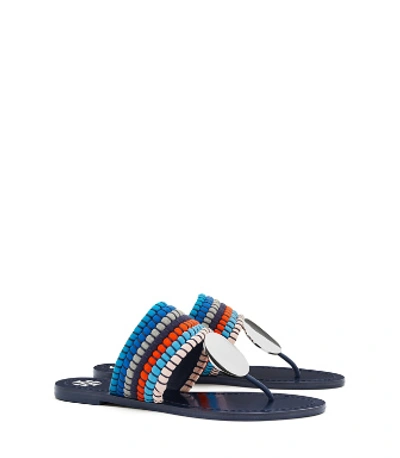 Shop Tory Burch Patos Woven Disk Sandals In Sport Blue Multi / Silver