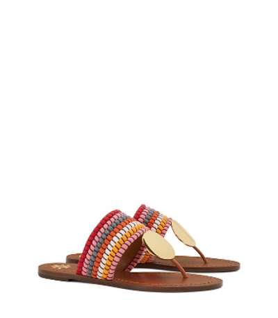 Shop Tory Burch Patos Woven Disk Sandals In Poppy Red Multi / Gold