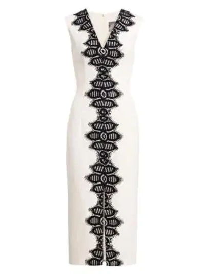 Shop Lela Rose V-neck Corded Lace Sheath In Ivory Black
