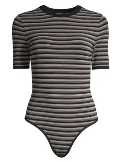 Shop Michael Kors Striped Crewneck Bodysuit In Slate