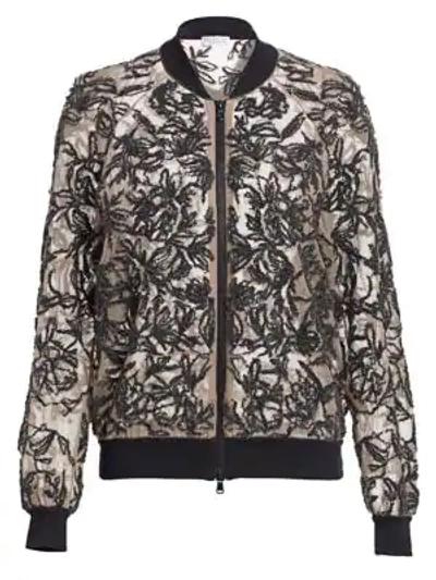 Shop Brunello Cucinelli Sequin Floral Embroidered Silk Bomber Jacket In Walnut