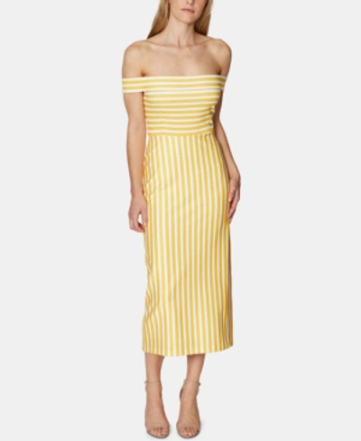 Shop Avec Les Filles Off-the-shoulder Striped Midi Dress In Mustard/white