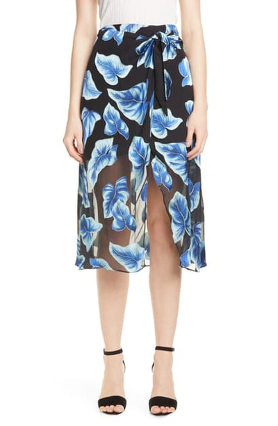 Shop Alice And Olivia Lumi Tie Wrap Midi Skirt In Paradise Leaves Blk/ Blue