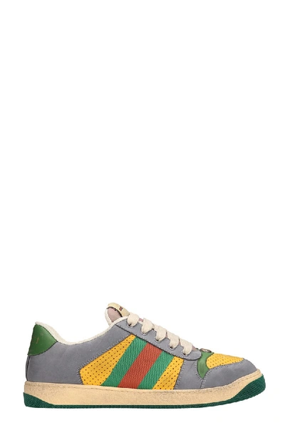 Shop Gucci Screener Grey And Yellow Leather And Suede Sneakers