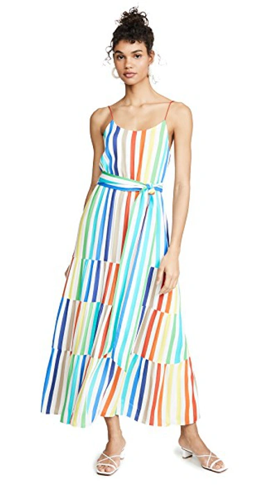 Shop Alice And Olivia Janan Spaghetti Strap Midi Peasant Dress In Rainbow Stripe