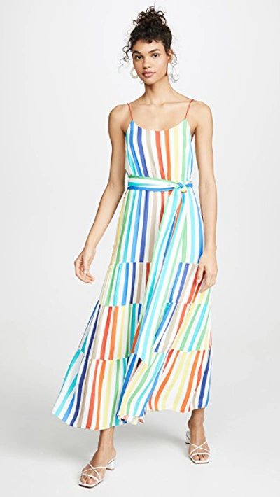 Shop Alice And Olivia Janan Spaghetti Strap Midi Peasant Dress In Rainbow Stripe