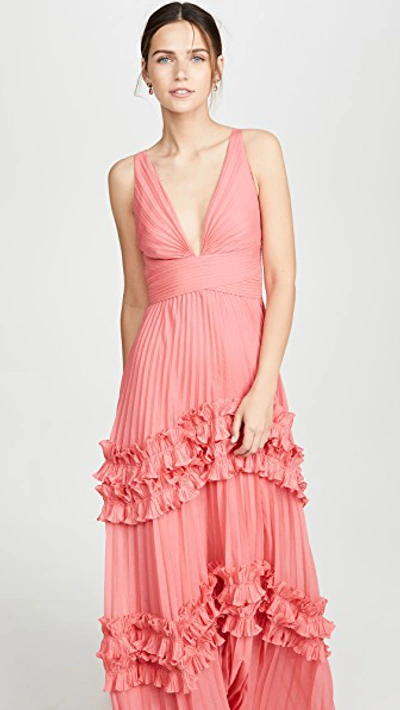 Shop Halston Heritage Sleeveless V Neck Gown With Smocked Ruffle Inserts In Strawberry