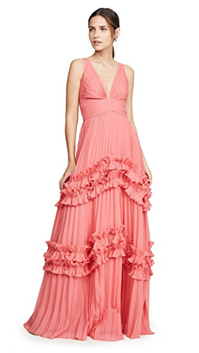 Shop Halston Heritage Sleeveless V Neck Gown With Smocked Ruffle Inserts In Strawberry