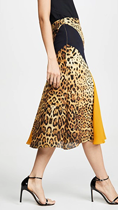 Shop Cushnie High Waisted Midi Skirt In Tan Leopard/navy/antique Gold