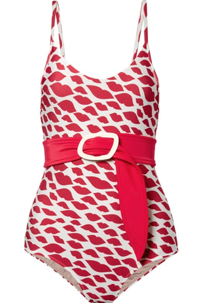 Shop Adriana Degreas Bacio Belted Printed Swimsuit In Red