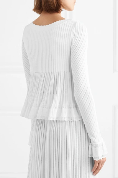 Shop Alaïa Ruffled Ribbed-knit Top In White