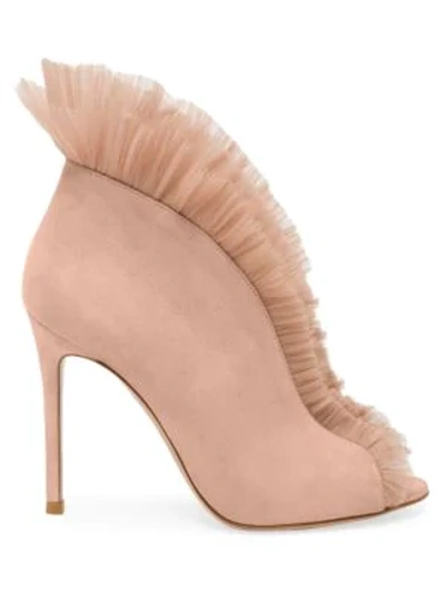 Shop Gianvito Rossi Ginevra Tulle & Suede Ankle Boots In Dahlia Suede