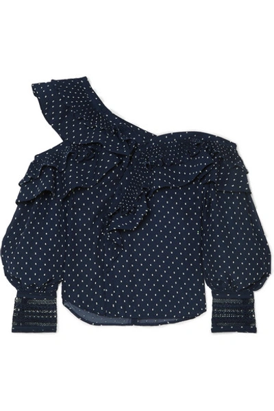 Shop Self-portrait One-shoulder Ruffled Fil Coupé Georgette Blouse In Navy