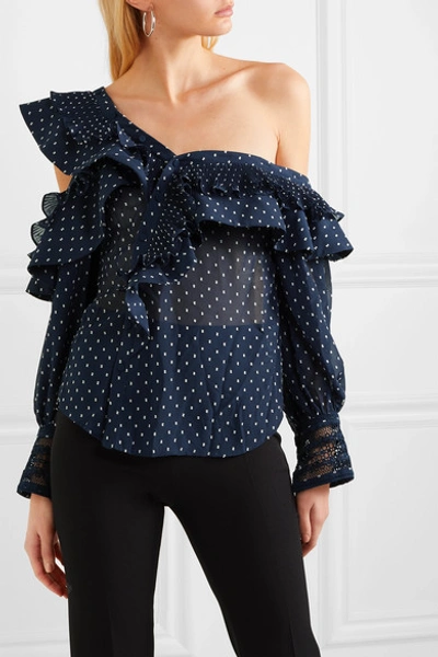 Shop Self-portrait One-shoulder Ruffled Fil Coupé Georgette Blouse In Navy