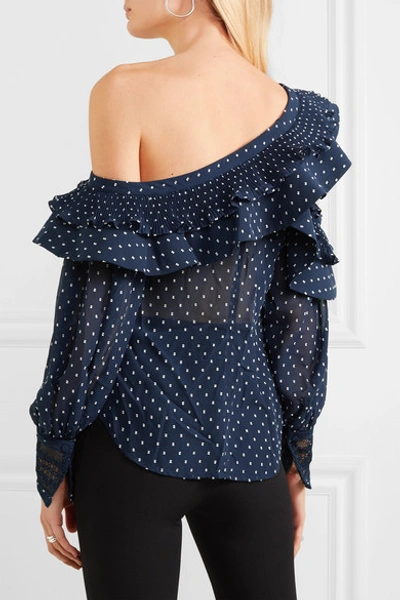 Shop Self-portrait One-shoulder Ruffled Fil Coupé Georgette Blouse In Navy