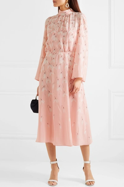 Shop Valentino Floral-print Silk Crepe De Chine Midi Dress In Pink