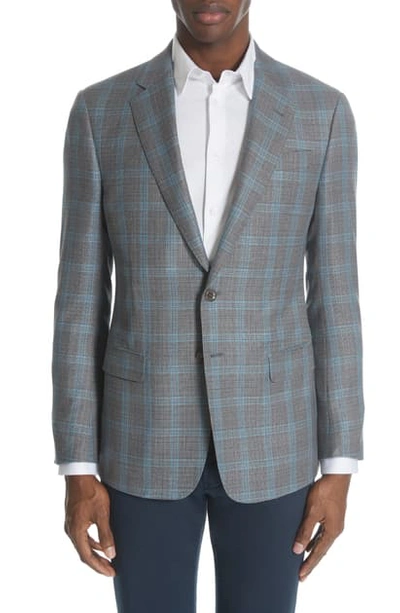 Shop Giorgio Armani Classic Fit Plaid Wool Sport Coat In Tan/ Blue
