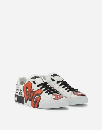 Shop Dolce & Gabbana Portofino Sneakers In Printed Calfskin Nappa In White