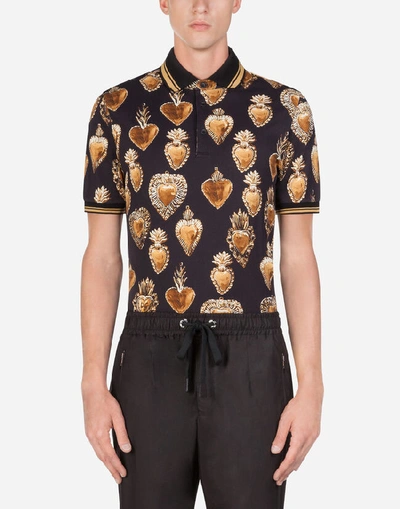 Shop Dolce & Gabbana Cotton Piqué Polo Shirt With Sacred Heart Print In Black