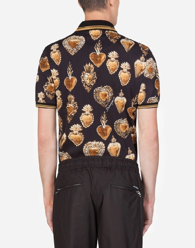 Shop Dolce & Gabbana Cotton Piqué Polo Shirt With Sacred Heart Print In Black