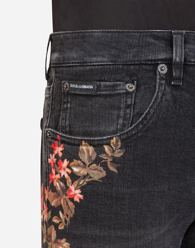 Shop Dolce & Gabbana Black Skinny Stretch Jeans With Floral Print In Gray