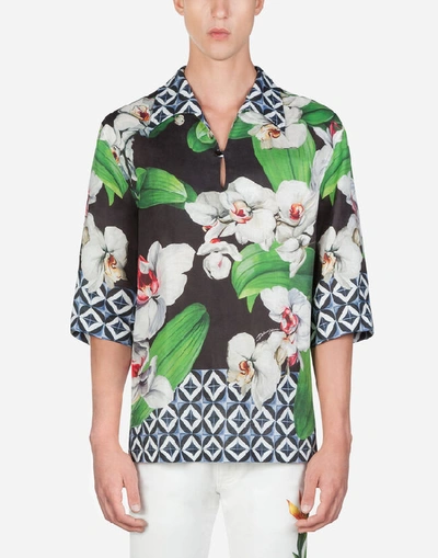 Shop Dolce & Gabbana Linen Hawaiian Shirt With Orchid Print In Floral Print